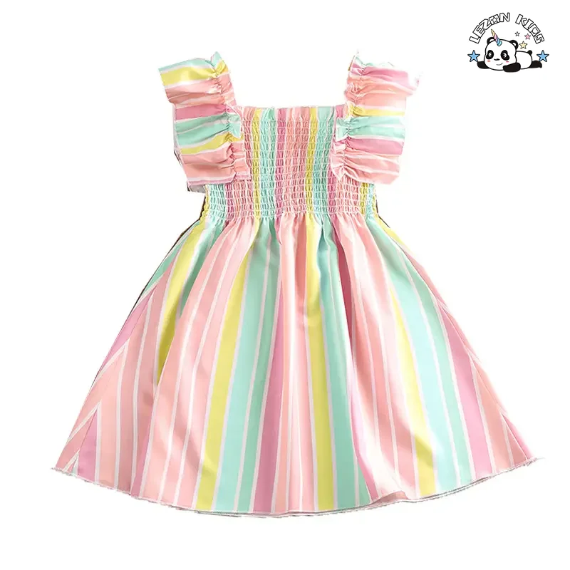 LEZONKIDS - New Summer Children's Wear Lace Strap Rainbow Stripe Princess Dress Burst Girls Casual Dress